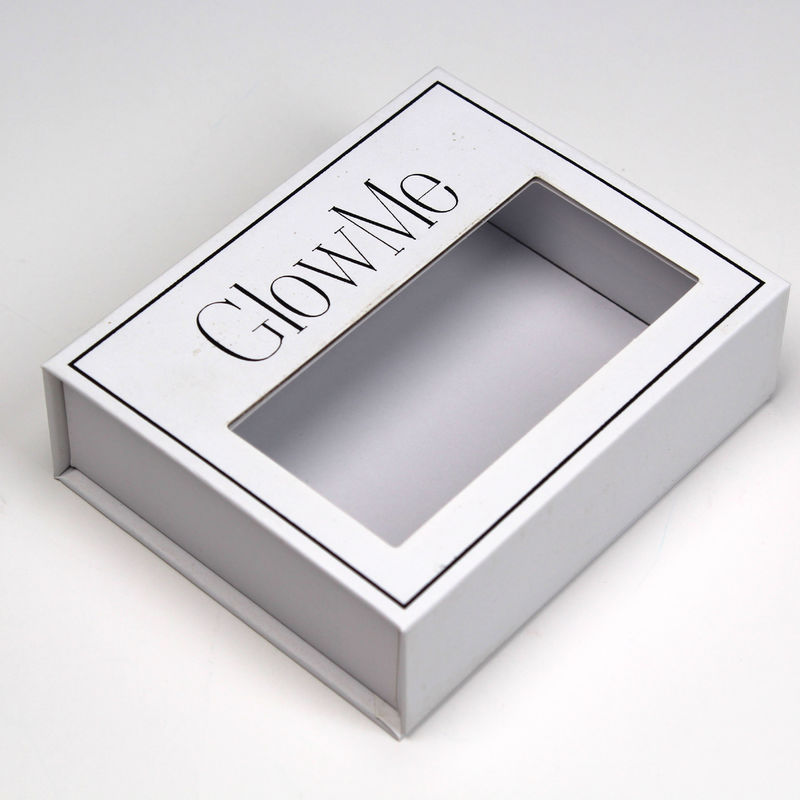Kleine kartonnen magnetische geschenkdozen met vensterluiken met maat en logo